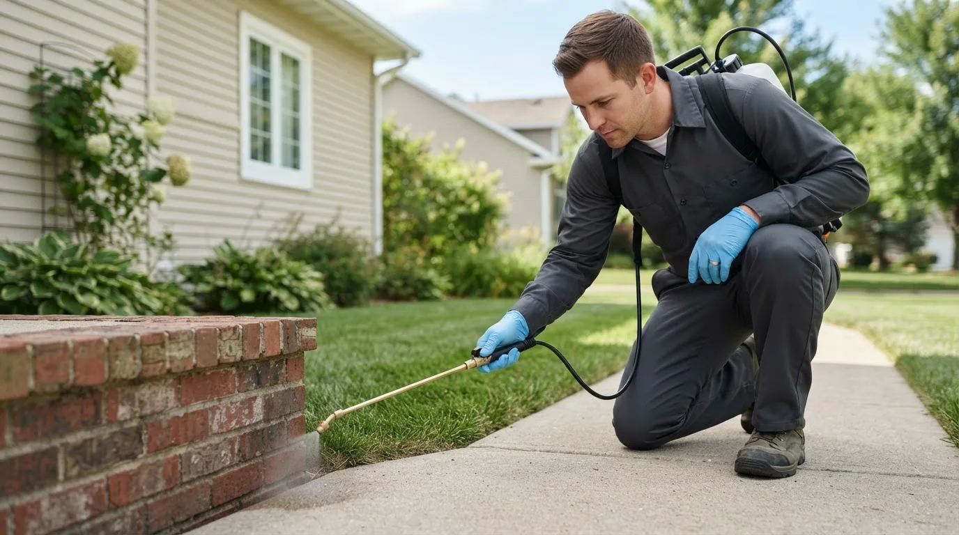 Pest control technician treating a home near Whitakers, NC